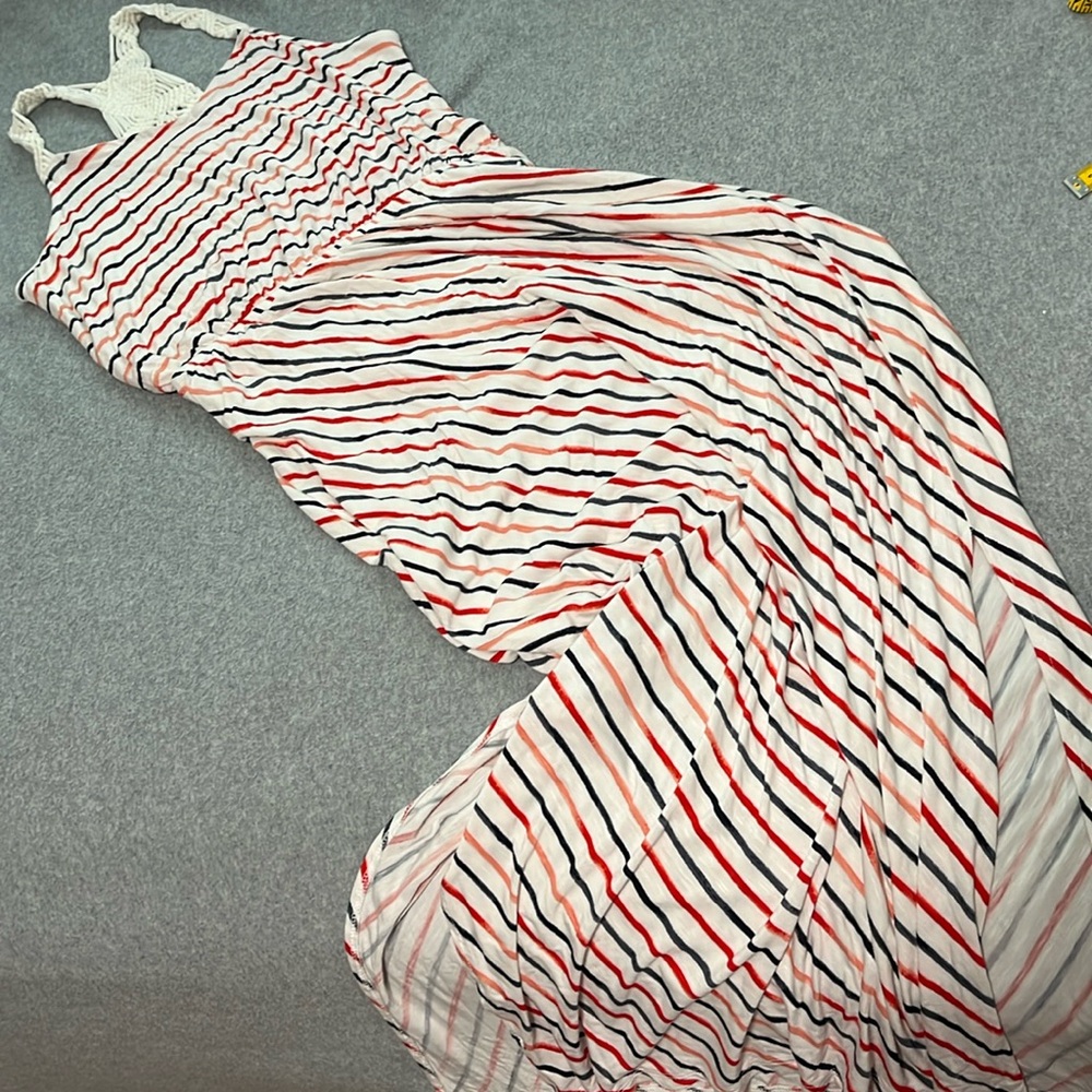 Maurices Striped Crochet-Halter Maxi Dress in White, Red, Black